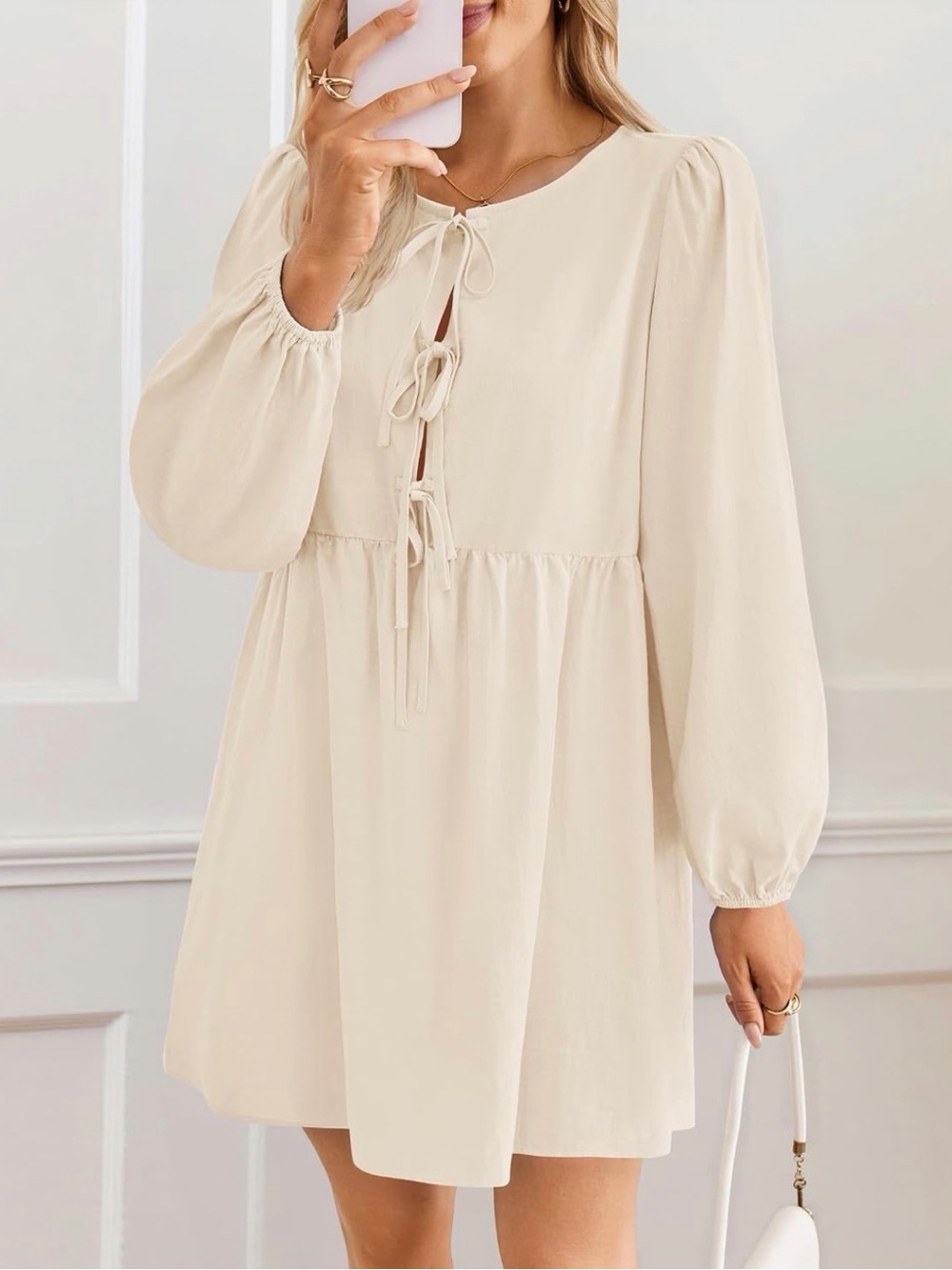 Tie-Front Cream Long Sleeve Mini Dress